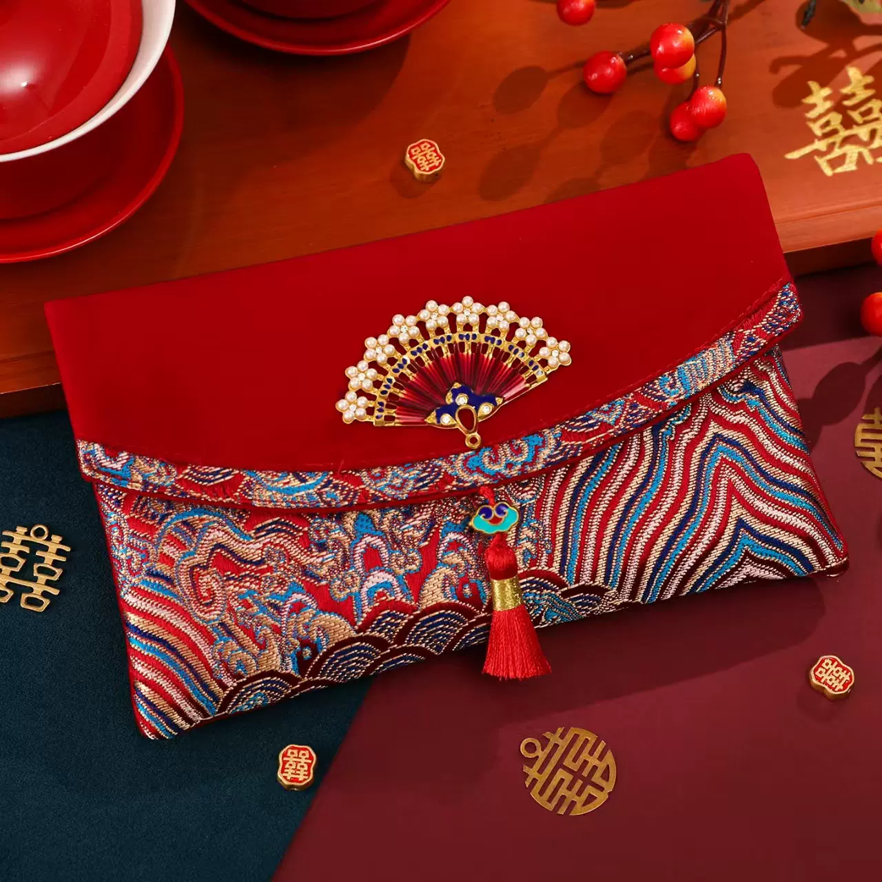 锦团中式结婚高档立体红包袋婚礼改口费敬茶万元大号喜包锦缎布艺