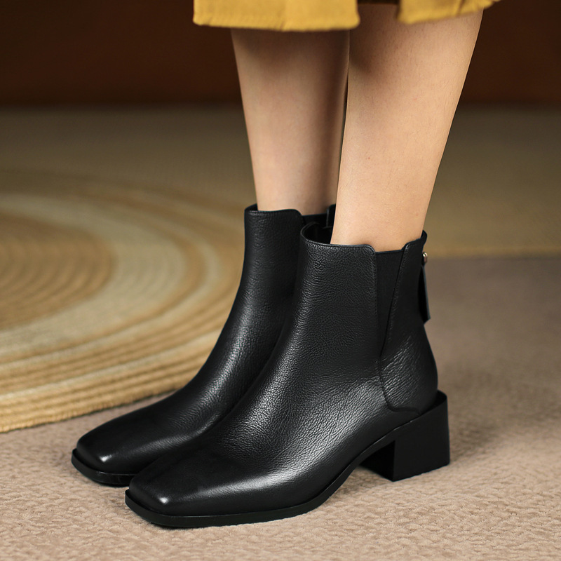 柔软羊皮优雅气质方头小踝靴2021秋冬新款粗中跟后拉链短靴子女