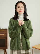 羊绒衫女山羊绒开衫复古绿色针织衫毛衣女外套圆领长袖上衣