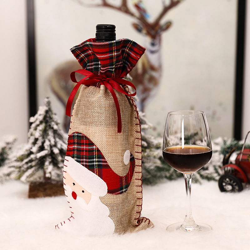 Christmas Decorations New Bar Table Lattice Edge Machine Embroidery Wine Gift Box Champagne Bottle Cover Wine Bottle Drawstring Bag