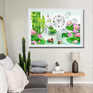 5d钻石画满钻贴钻秀 荷花翠竹钟表钻石画厂家批发一件代发