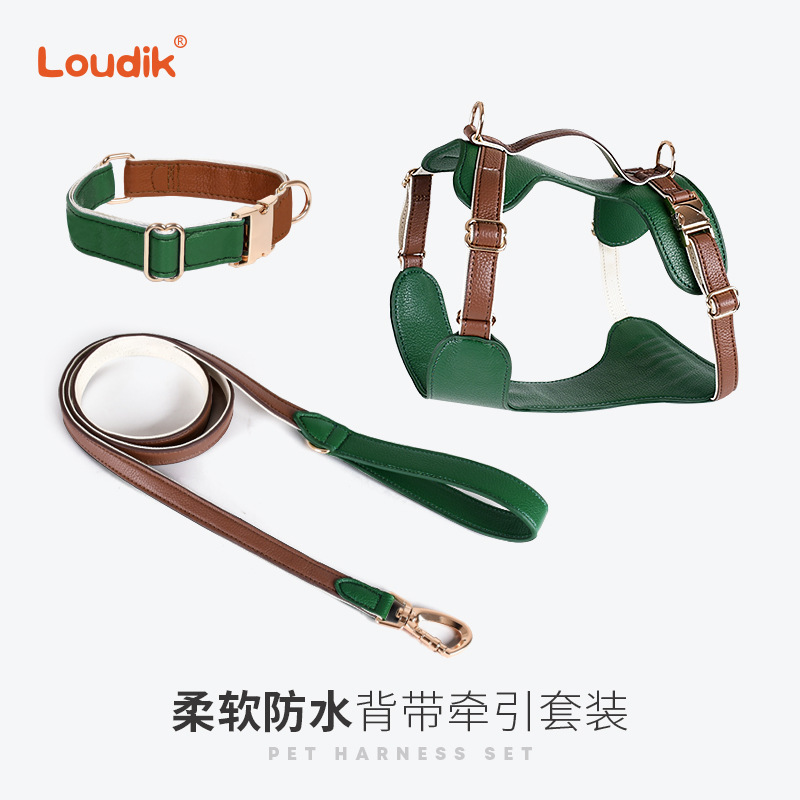 Loudik批发跨境新款时尚高档宠物胸背带狗狗牵引绳狗项圈中大型犬