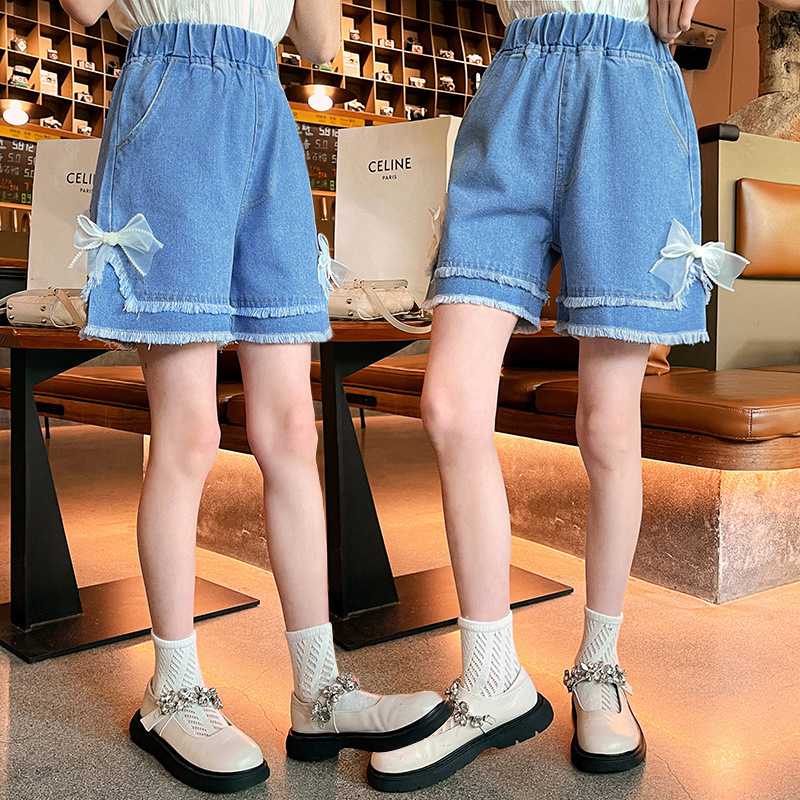 女童牛仔短裤夏装女大童夏季薄款洋气外穿蝴蝶结短裤夏天儿童裤子
