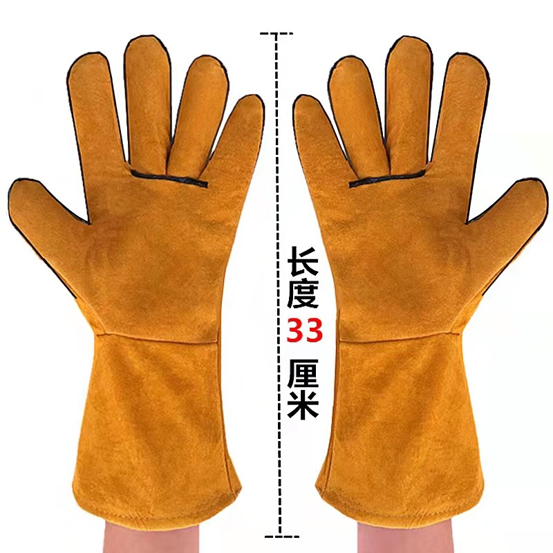 Factory Wholesale Double-Layer Arc-Welder's Gloves Cowhide Hanging Lining Welder Gloves Full Leather Lengthen and Thicken Labor Protection Gloves
