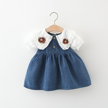 1-3岁夏季新款连衣裙韩版两朵花娃娃领短袖牛仔裙洋气拼接公主裙2