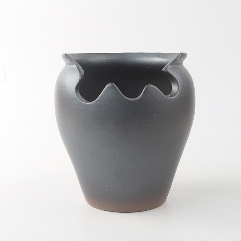 粗陶透气花盆黑陶柴烧高筒吊兰花盆大号老桩多肉花盆高陶罐陶土盆