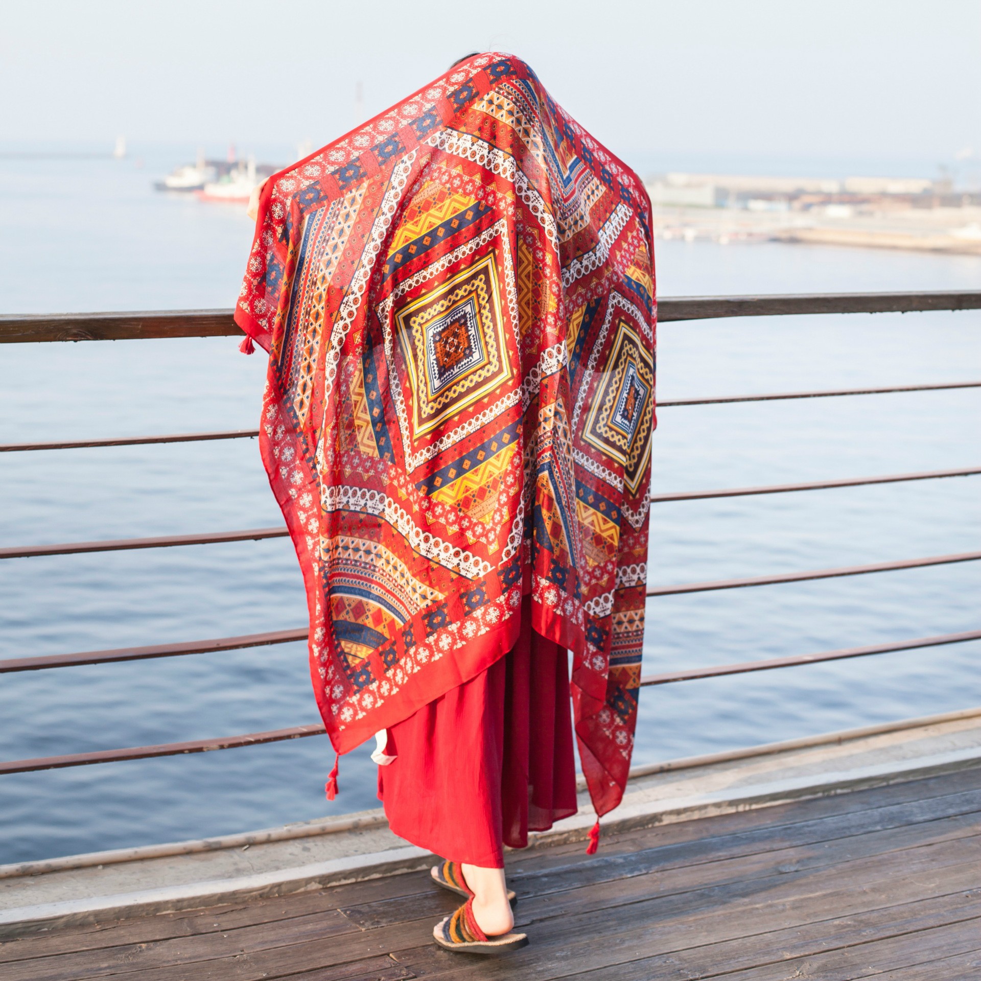 Ethnic Style Shawl Scarf Dual-Use Sun Protection by the Sea Beach Scarf Red Large Gauze Scarf Female Desert Travel Photography Summer