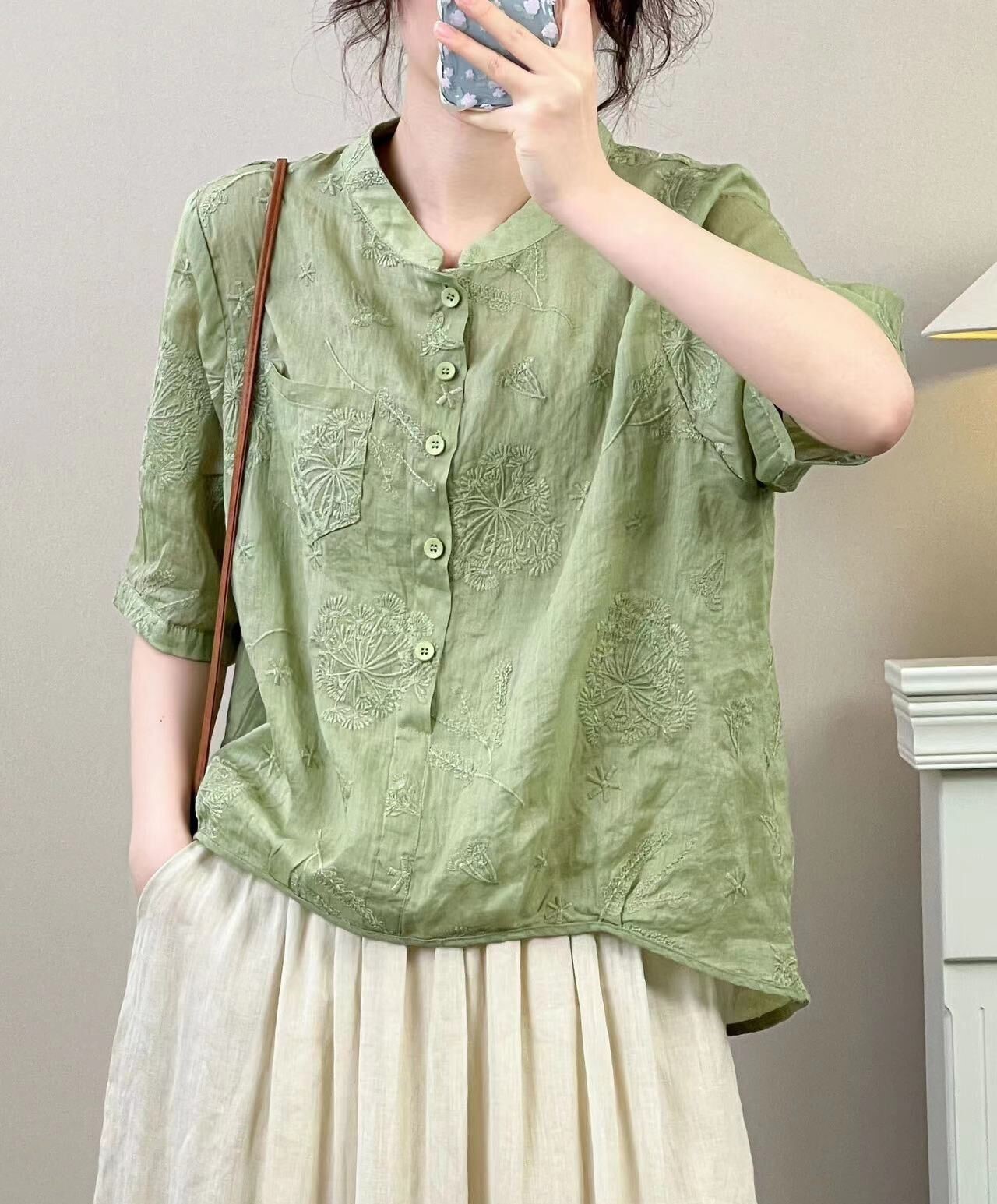 100支苎麻衬衫 2024夏季新款 半开襟短袖上衣女立领刺绣小衫8831