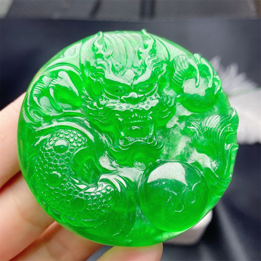 缅甸翡翠冰种满绿平安龙玉牌挂件立体生肖龙玉器吊坠龙行天下玉佩