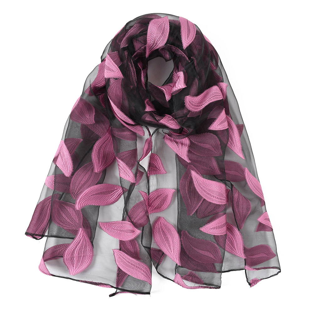 民族风春夏刺绣仿真丝披肩蕾丝树叶绣花围巾大花欧根纱玫瑰花披肩