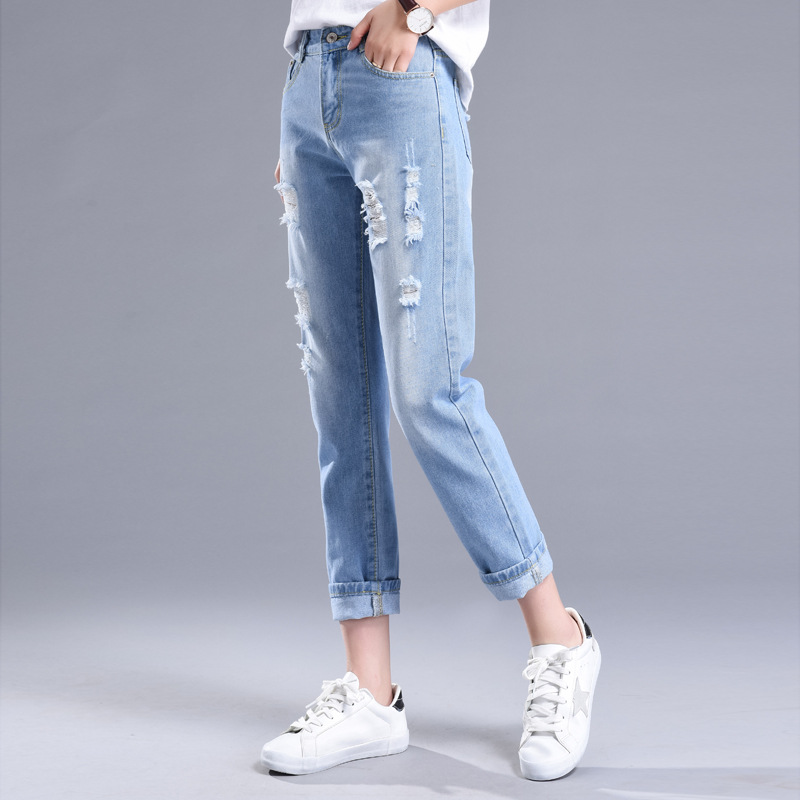 Real Shot Ripped Jeans Women's Cropped 2023 New Korean Style Fashionable Loose Tapered Harem Women's Pants Women's Clothing