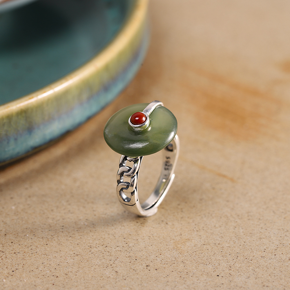 人品银品 s925银饰品女式和田青玉戒指 泰银做旧女式食指戒开口戒