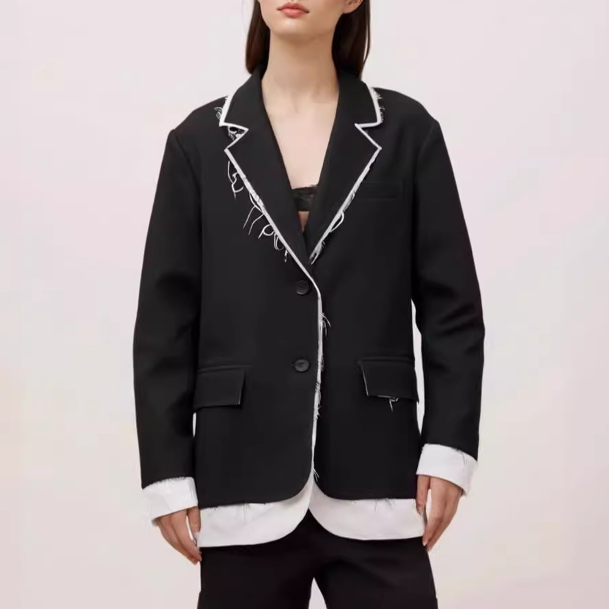 韩版复古撞色拼接小西装女秋季新款毛边设计感宽松休闲潮流外套