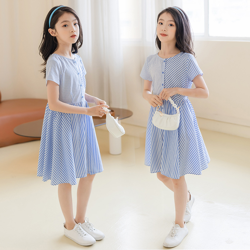 女童连衣裙夏季韩版童装棉质条纹学院风公主裙学生短袖裙子中大童