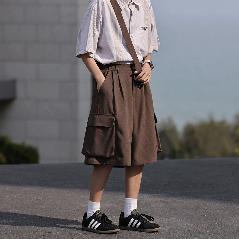 工装背带裤男短裤夏季美式复古风直筒宽松休闲阔腿五分裤子青少年