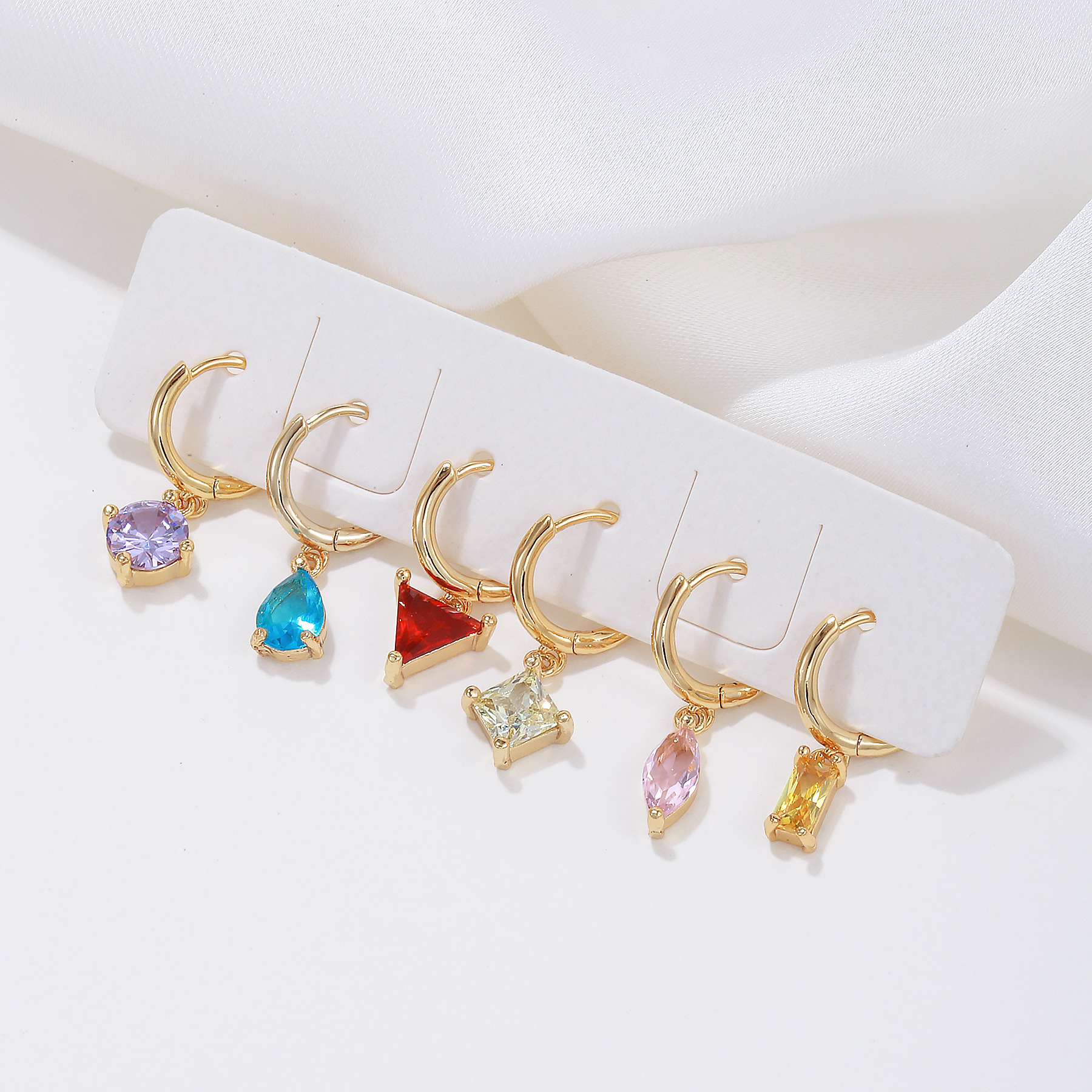 Cross-Border New Arrival Hot Sale Colorful Geometric Ear Clip Suit European and American Fashion Micro Inlay Colorful Zircon Earrings Wholesale