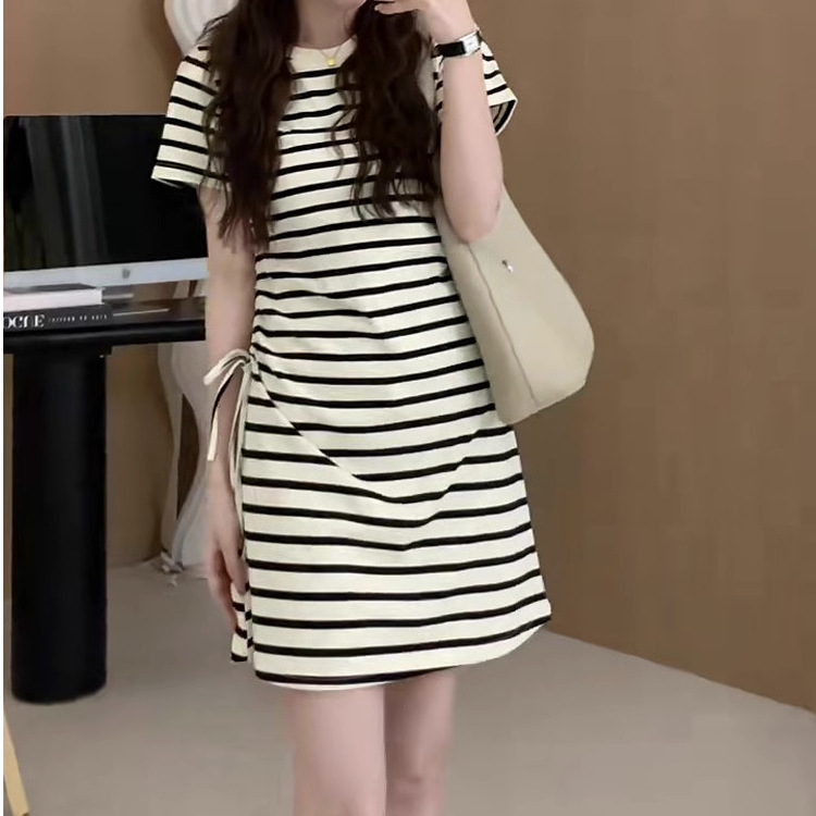 圆领抽绳条纹短袖t恤连衣裙2023新款韩版小个子气质短裙子女-阿里巴巴