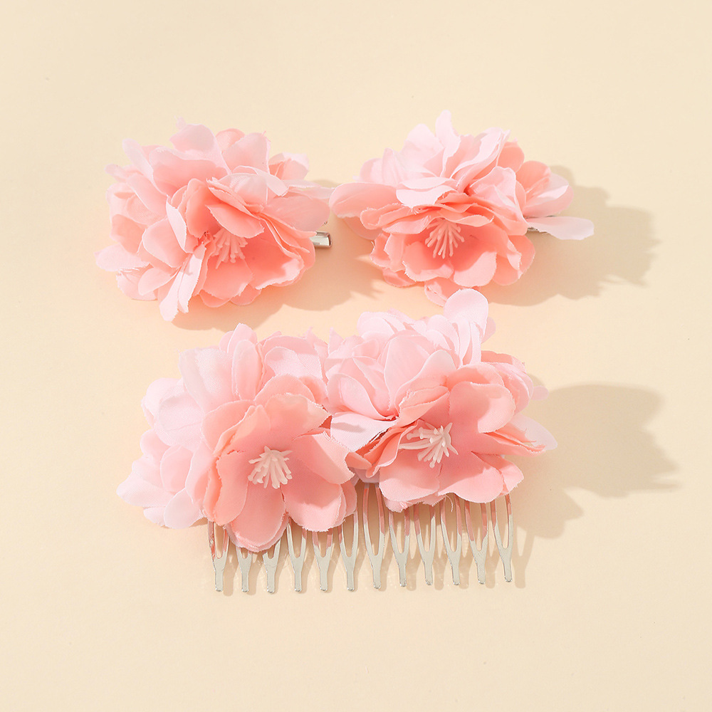 欧美新款甜美古风发梳绢花头饰儿童古风发梳纱布绢花可爱发梳套装