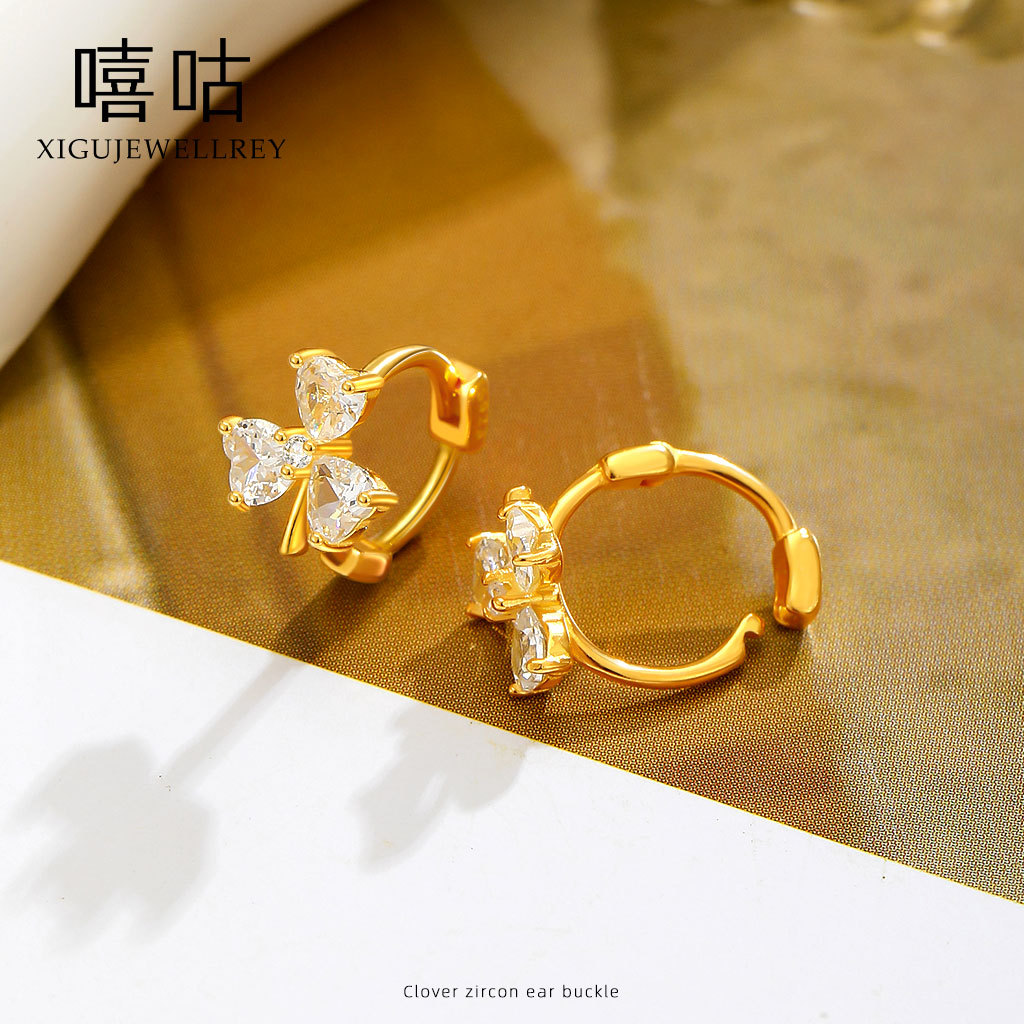 嘻咕e1906 s925银简约清新三叶草锆石耳扣女森系小众设计新款耳饰