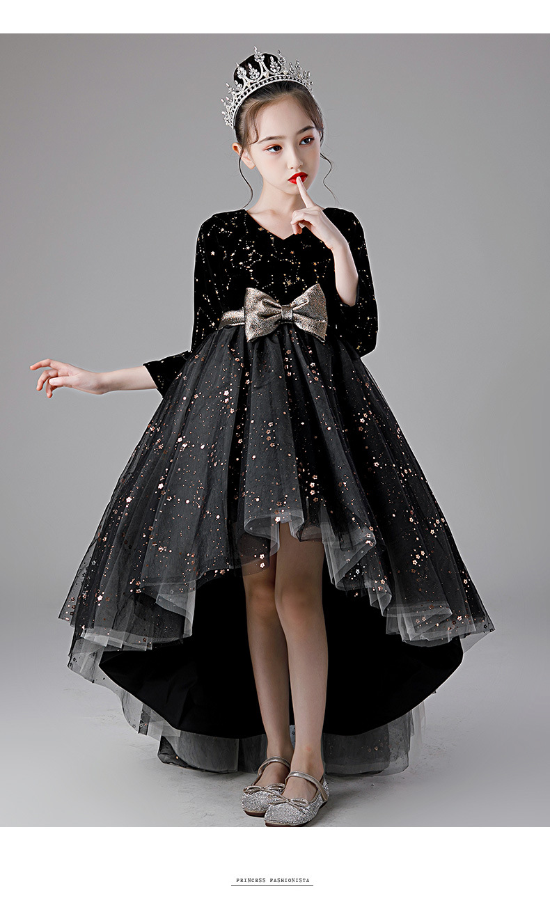 儿童礼服公主裙黑色前短后长舞台钢琴演奏女童主持人走秀演出服秋
