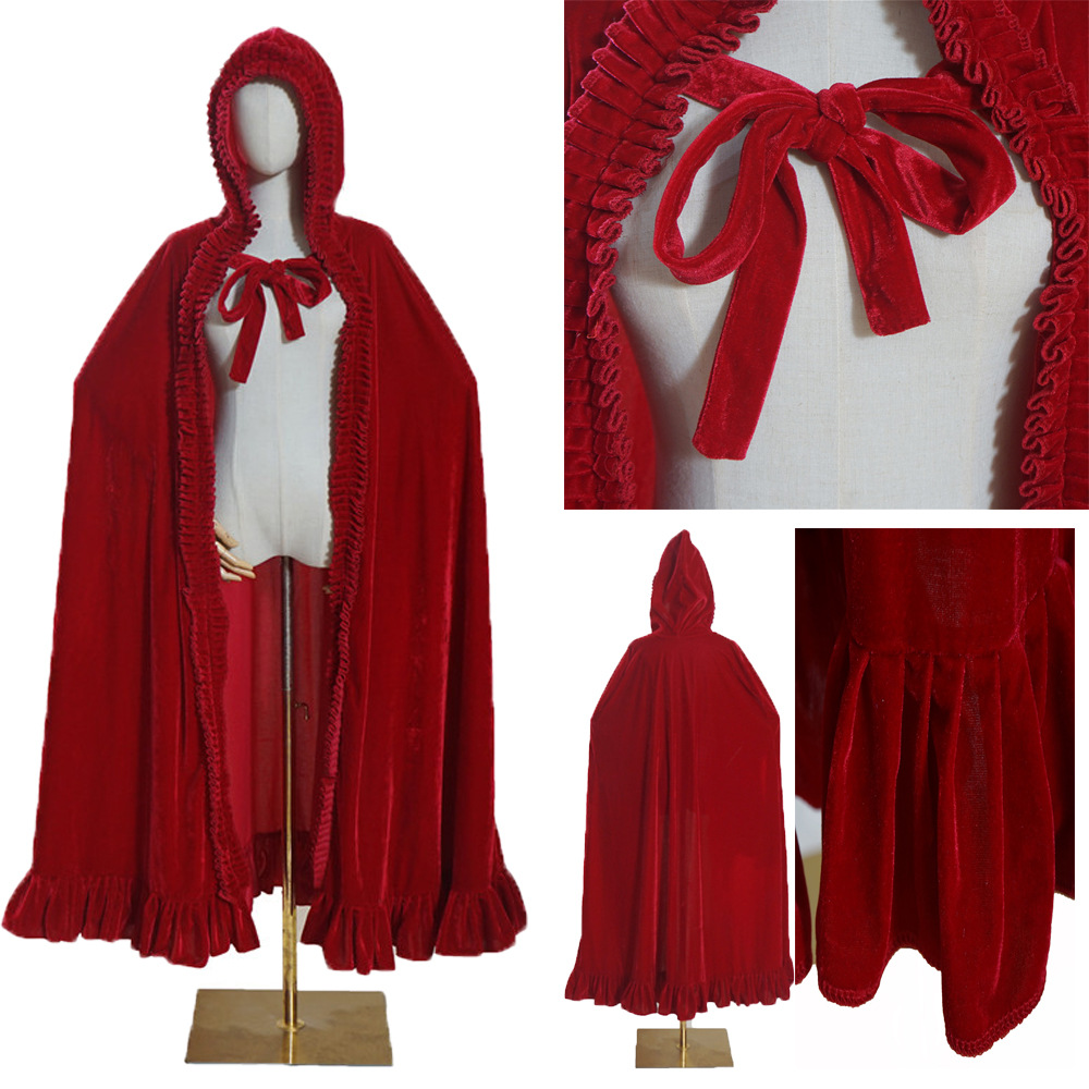加厚门襟抓褶圣诞节披风冬季保暖斗篷齐地款红色酒红色连帽万圣节