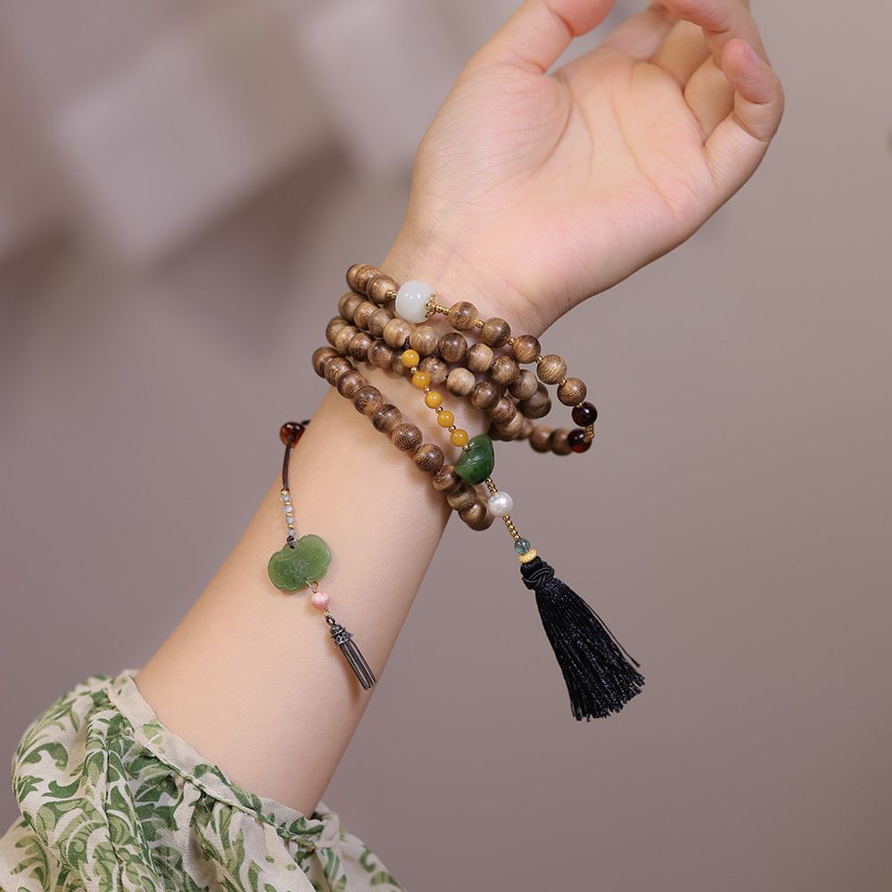 原创设计天然沉香手链和田玉如意金元宝玉石手串素雅佛珠念珠文玩