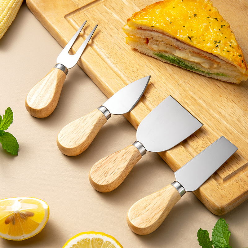 Stainless Steel Cheese Knife 4-Piece Set Rubber Wooden Handle Cream Cutter Pizza Cheese Knife Fork Cheese Knife Set