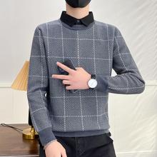 男士假两件毛衣修身韩版帅气格子上衣针织衬衫衫领休闲长袖内搭衣