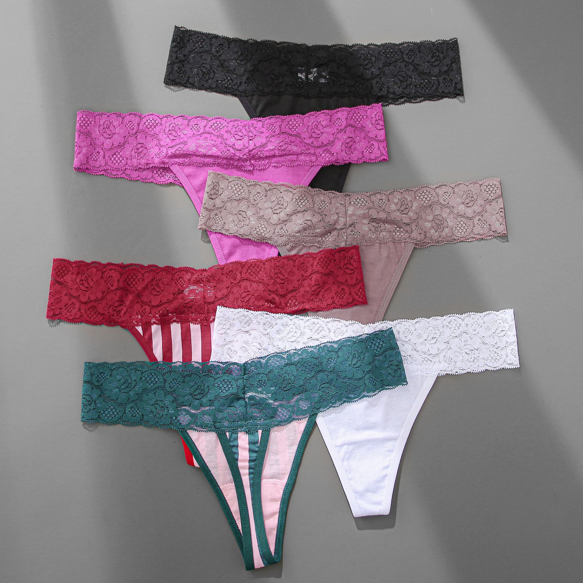 finetoo亚马逊热销新款女式丁字裤 低腰蕾丝腰头内裤条纹纯色裤头