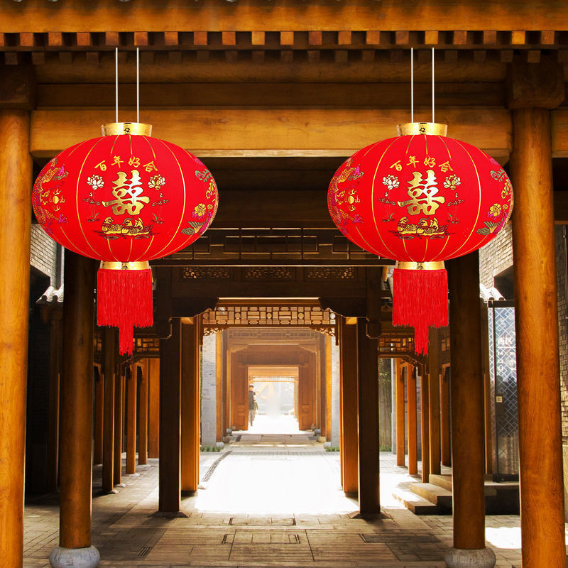 长杆灯笼新年红大门户外结婚喜字植绒风喜字吊灯跨境速卖通批发