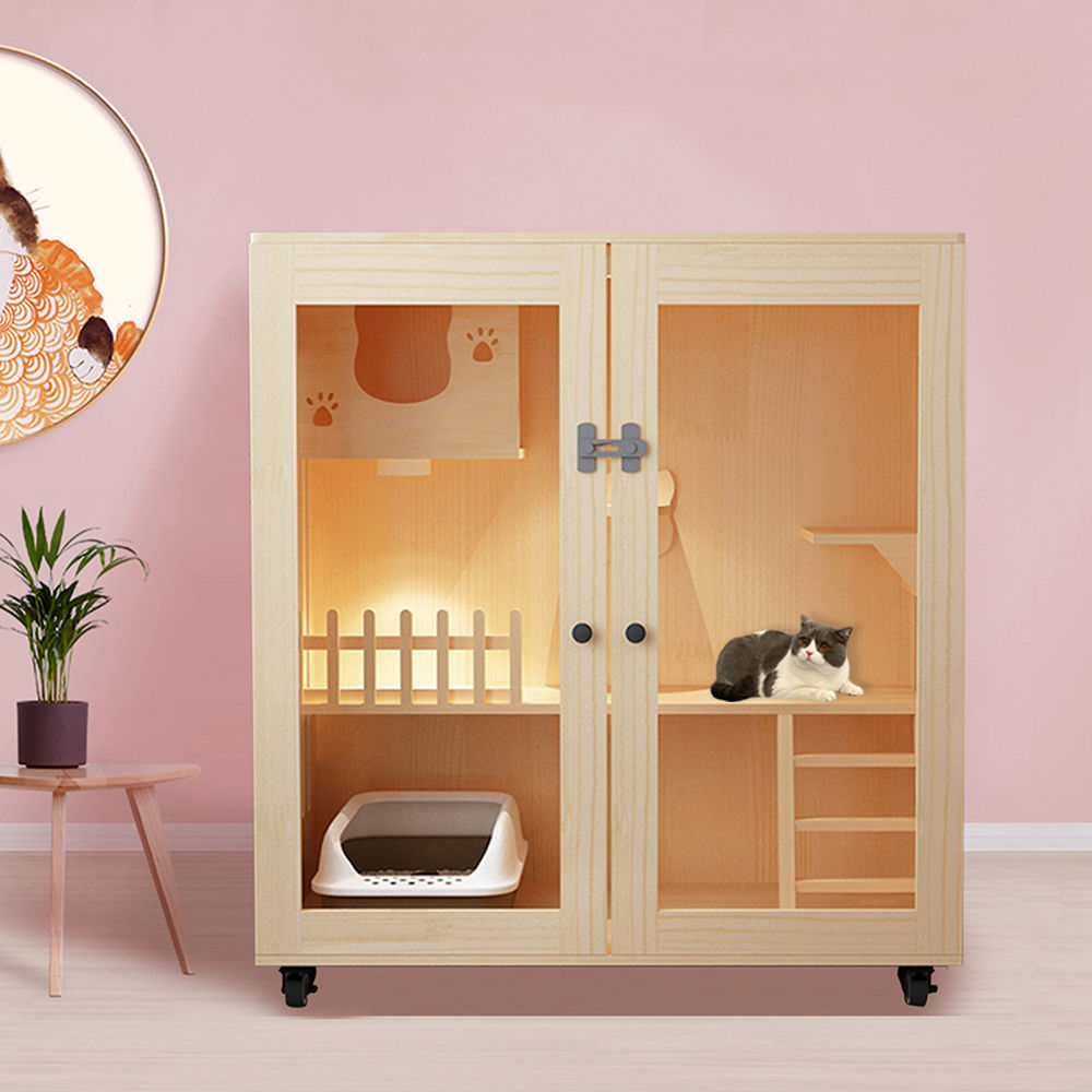豪华猫别墅实木猫舍家用猫柜子繁育猫屋木头 猫窝室内猫笼子