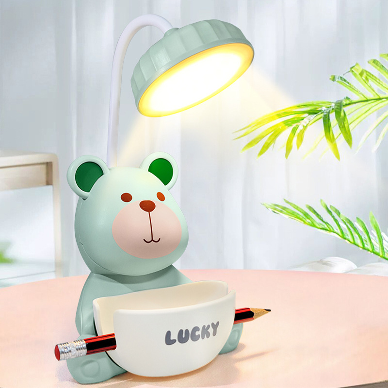 Cartoon Bear Table Lamp Hose Adjustable Angle with Pen Holder Storage Pencil Sharpener Children's Room Eye-Protection Reading Lamp