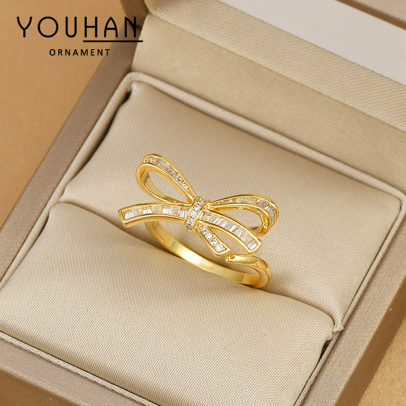 South Korea Dongdaemun Light Luxury Small Zircon Rhinestone Bow Ring 2023 New Fashion Personalized Index Finger Ring Women