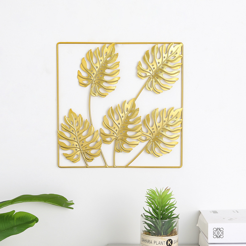 Nordic Light Luxury Golden Monstera Square Wall Hanging Home Living Room Bedroom Study Wall Decorative Mural