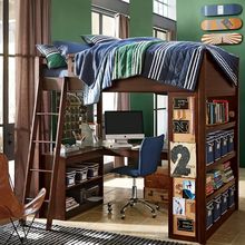 美式实木高架床上床下桌双层床高低床小户型多功能儿童床书桌一体