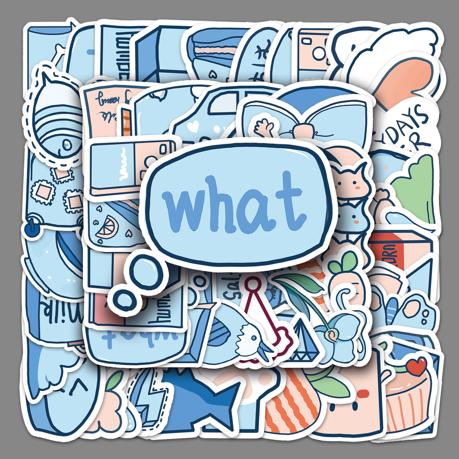 50张不侵权涂鸦原创蓝色元素可爱爱心ins风diy奶茶杯小清新贴纸