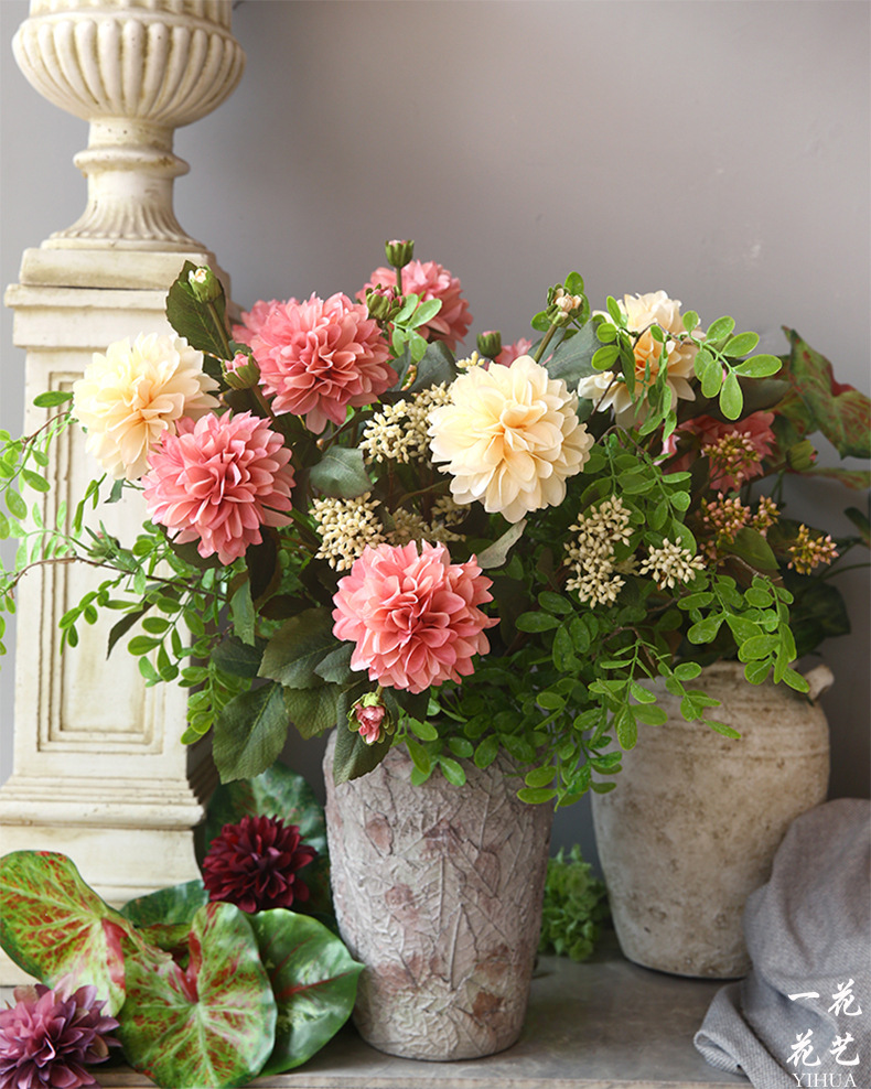 仿真新款2头大丽花客厅餐桌插花假花装饰摆件花艺套装