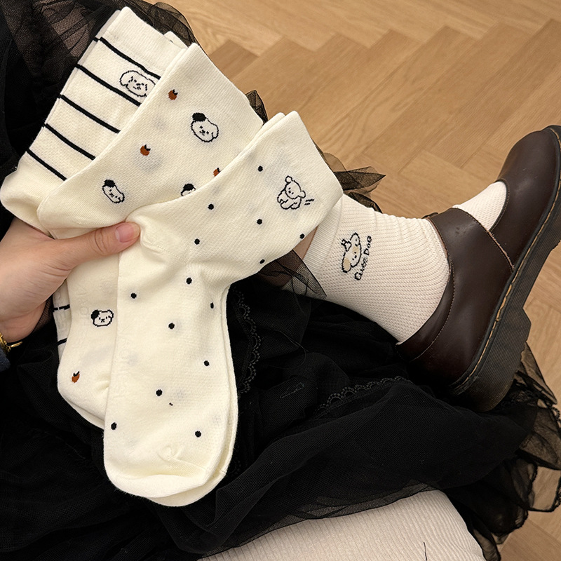 白色袜子女韩版中筒ins潮jk少女日系可爱小狗卡通学生袜棉袜-阿里巴巴