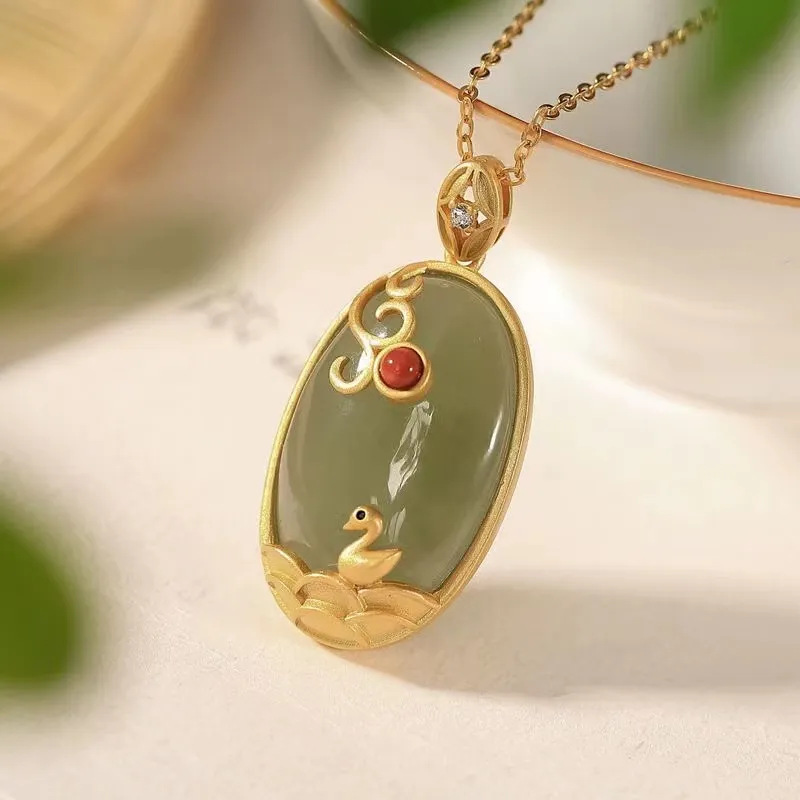 古典天鹅女士款项链吊坠s925银镀金和田玉国风古典旗袍中式饰品