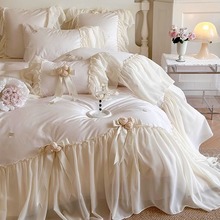 公主风100S长绒棉四件套法式立体玫瑰雪纺花边被套全棉床上用品