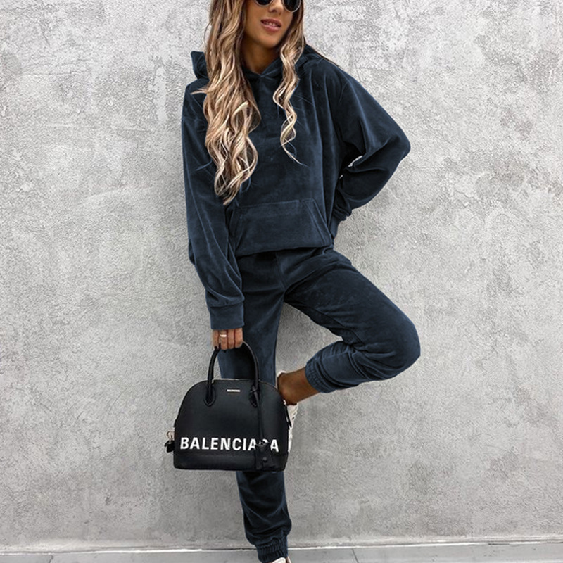 2023 Cross-Border Foreign Trade Autumn and Winter Sports New European and American Women's Clothing Amazon Loose-Fitting Solid Color Long Sleeves Leisure Suit