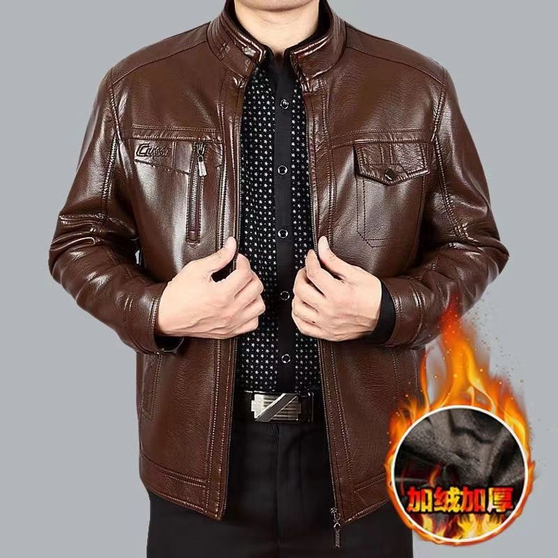 Autumn and Winter Fleece-lined Thickened Men's Genuine Leather Clothes Middle-Aged and Elderly Loose plus Size Leather Jacket Dad Wear Casual Leather Top