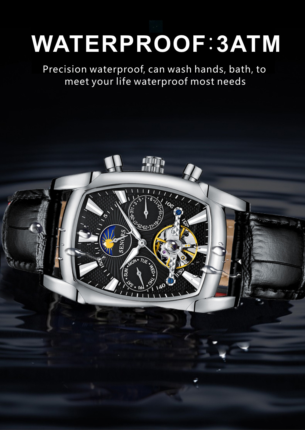 赛娜斯senors新款酒桶型全自动机械表夜光三眼6针皮带男表sn209