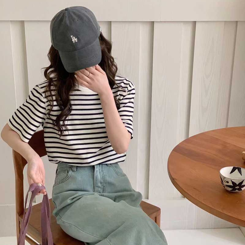 黑白条纹短袖t恤衫女2024春夏新款简约韩版叠穿百搭上衣打底衫t58