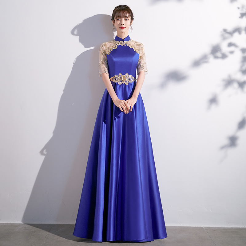 蓝色大合唱团演出服女长裙服装气质指挥服主持人宴会晚礼服裙长款