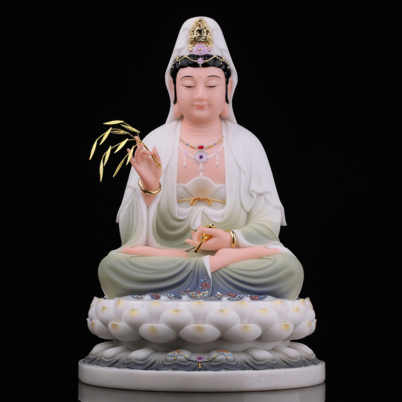 汉白玉彩绘观音像观世音菩萨佛像家用供奉摆件