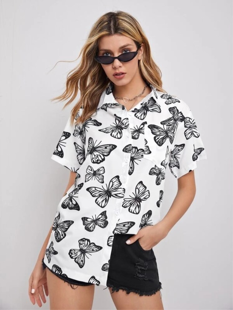 2021亚马逊新款欧美外贸女装蝴蝶印花宽松短袖衬衫