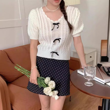 韩国chic夏季小众温柔风蝴蝶结装饰短袖针织衫+波点半身裙两件套