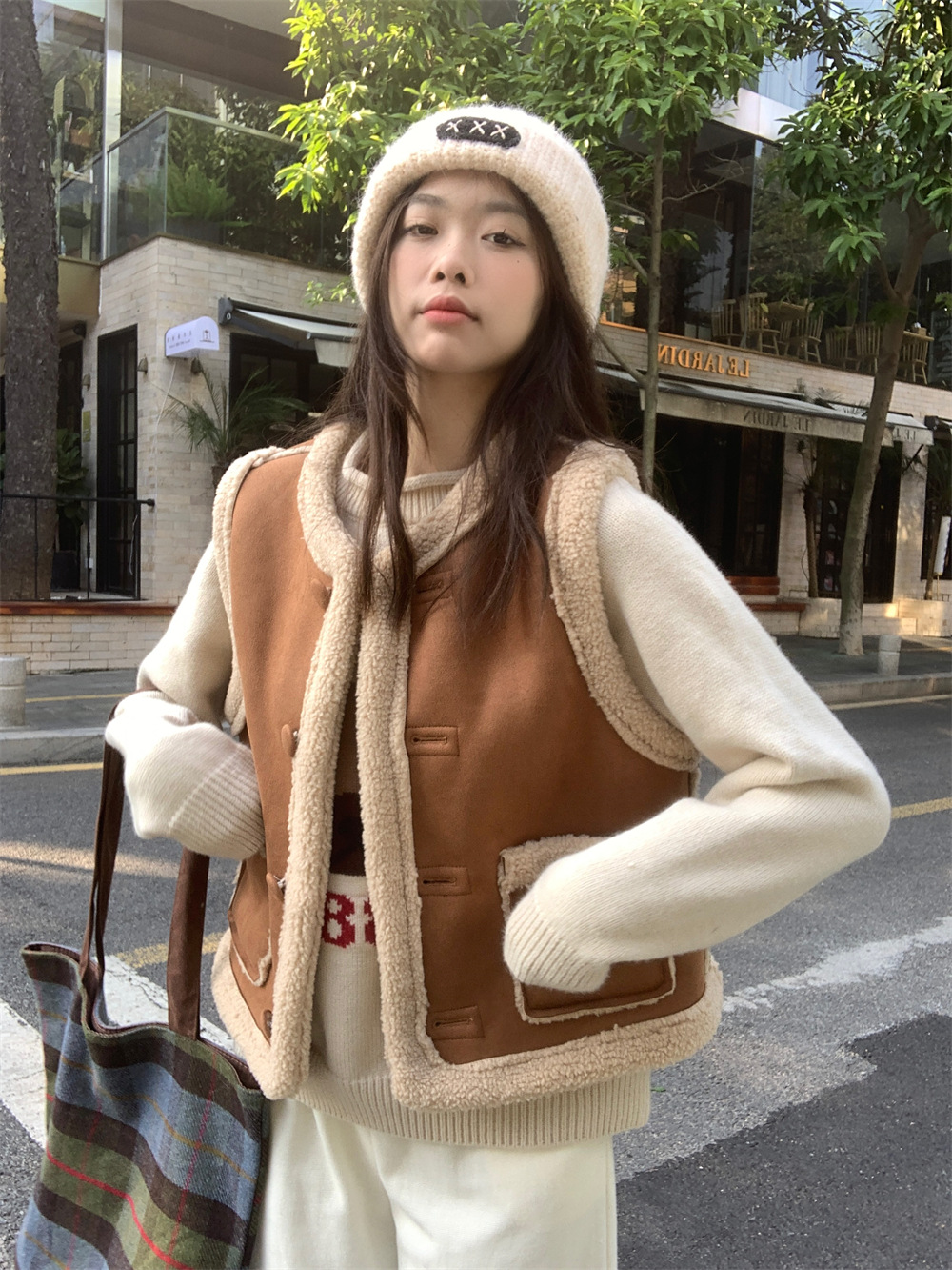 复古时尚套装女冬季棕色背心马甲外套上衣可爱小熊杏色毛衣两件套