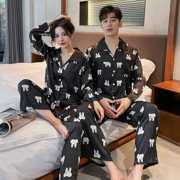 野兽派情侣睡衣2023春秋新款长袖冰雪丝高级开衫翻领两件套家居服